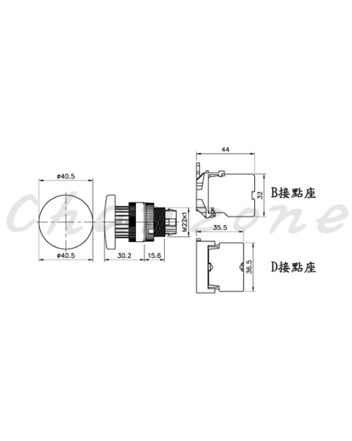山河電機 ø22-SHD系列/金屬固定圈接點座B型、D型共用 自動復歸按鈕開關 SHDB-221G/223G/226G/228G