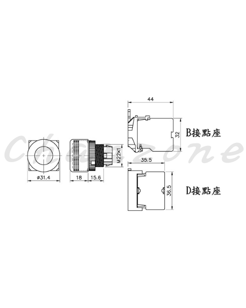 山河電機 ø22-SHD系列/金屬固定圈接點座B型、D型共用 自動復歸按鈕開關 SHDB-221G/223G/226G/228G
