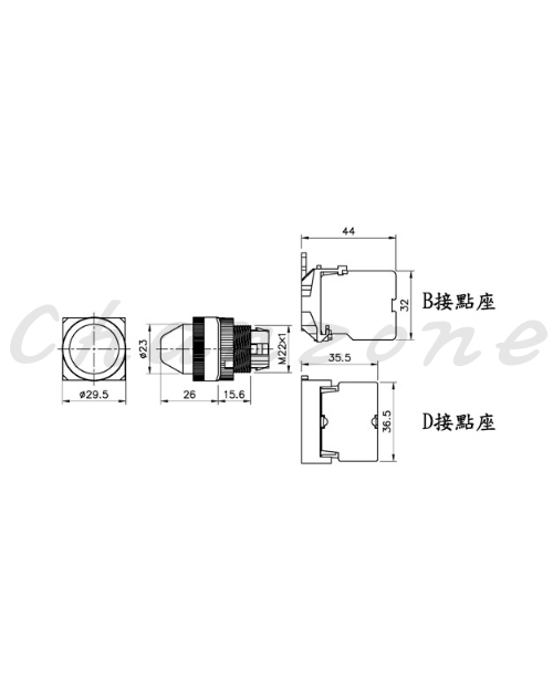 山河電機 ø22-SHD系列/金屬固定圈接點座B型、D型共用 錐型信號燈 SHDP-221G